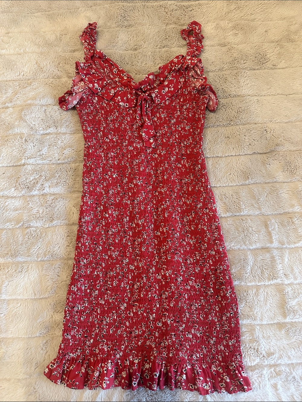 Japna Red Floral Smocked Midi with Ruffle Straps